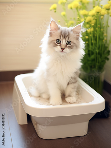 A compliant cat. Potty training your animal. rests in a litter box indoors.