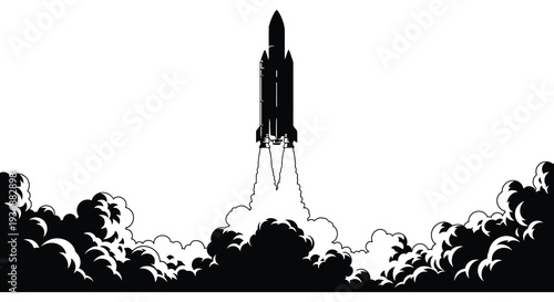 A stylized black silhouette of a rocket launching with billowing smoke and clouds below high quality