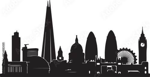 London city skyline silhouette with famous landmarks and buildings in a single graphic image