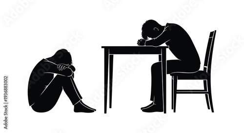 Two figures express sorrow and despair one seated and one curled up in a stark silhouette