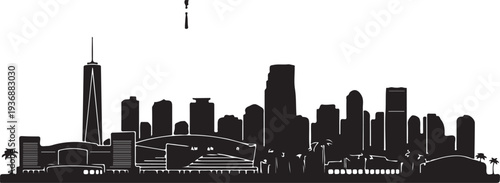 Modern city skyline illustration with tall buildings and skyscrapers on transparent background