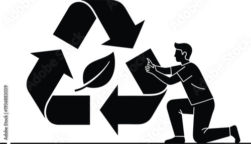 Recycling symbol with man silhouette, environmental protection concept black vector illustration isolated on background