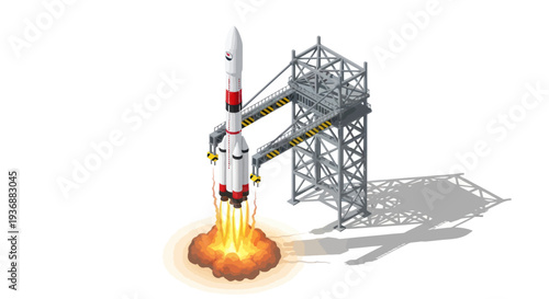 Rocket Launch Isolated on White Background: Isometric View