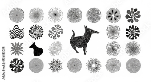 Artistic dog silhouette amidst intricate circular patterns, monochrome design.