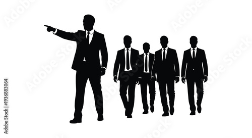 Silhouettes of four business professionals walking with one gesturing forward in leadership high quality professional detailed
