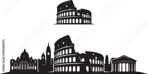 Roman monuments silhouettes with Colosseum and Pantheon on transparent background illustration