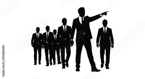 A line of silhouetted business professionals with the lead figure pointing forward assertively high quality professional