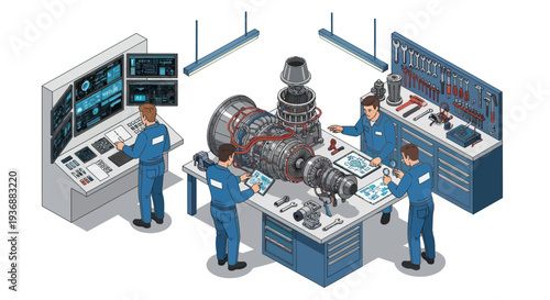 Engineers Inspecting Jet Engine in Modern Workshop with Digital Displays and Tools
