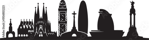 Silhouettes of famous landmarks and monuments in a row on transparent background