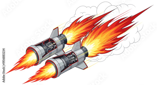 Two rockets with fiery exhaust trails launching into the sky, vector illustration