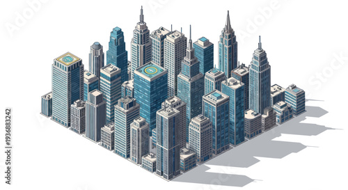 Pixel Art Isometric Cityscape with Tall Skyscrapers and Modern Buildings