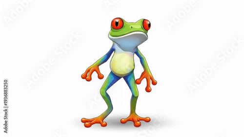 Upright colorful cartoon tree frog with green head, blue limbs, orange hands/feet on white