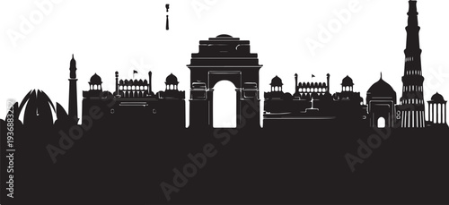 Silhouette of india monuments and landmarks in a cityscape on transparent background