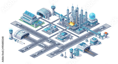 Futuristic Cityscape with Spaceport, Airport, and Modern Architecture