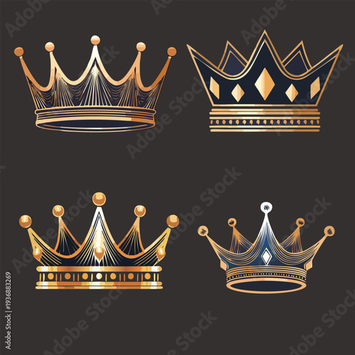 Four Different Gold Crown Designs Isolated.