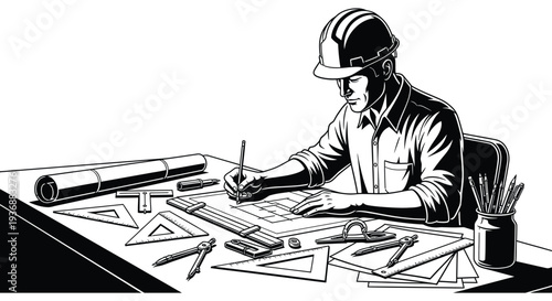 An architect or engineer intensely focused on drafting plans at a detailed workspace high quality professional
