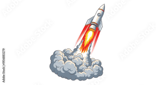 Rocket Launching with Fiery Exhaust and Smoke Clouds