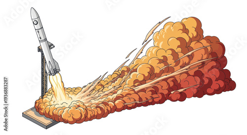 Rocket Launching with Fiery Exhaust and Smoke Cloud