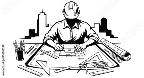 An architect or engineer works at a desk reviewing blueprints with tools in a black and white illustration