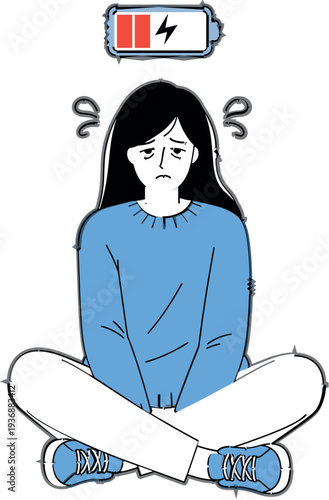 Exhausted Woman with Low Battery Symbol Representing Mental Fatigue, Burnout, Stress and Energy Depletion Concept Vector Illustration for Emotional Health Awareness
