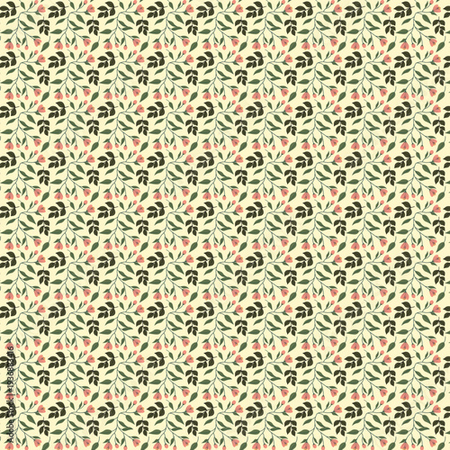 Small floral pattern with green leaves and pink flowers on beige background