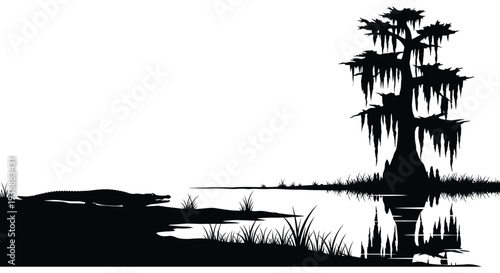 A silhouetted scene depicting a swamp with a cypress tree and an alligator high quality professional