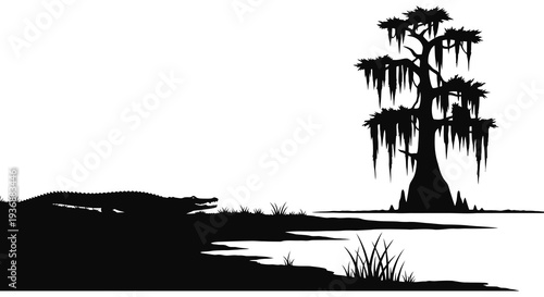 A striking black silhouette depicts a cypress tree with spanish moss and an alligator in water