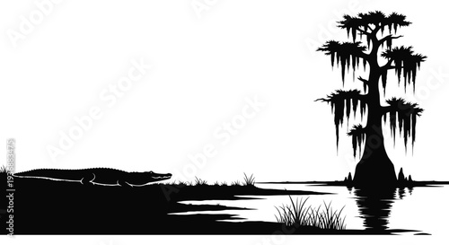 A striking black and white silhouette of a cypress tree and an alligator in a swamp high quality