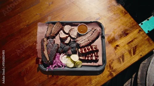 Heavily smoked briskets rest on a dark smoker grate as liquid spray mist falls over them in dramatic moody low-light slow motion