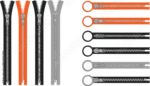 Zipper Collection Set with Open and Closed Clothing Zippers Metal Pull Rings Fashion Garment Sewing Tailor Accessories Flat Vector Illustration