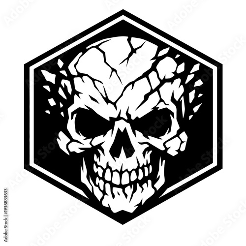 Aggressive cracked skull logo in a hexagonal frame, a fierce black and white vector graphic perfect for gaming, esports teams, heavy metal bands, apparel designs, and strong, bold brand identities. Th
