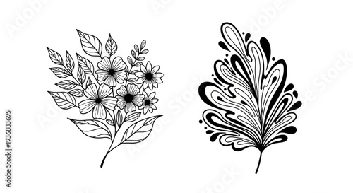 Elegant floral designs a bouquet and abstract leaf illustration
