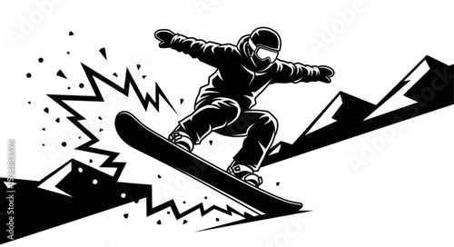 Snowboarder in action, performing a dynamic jump on a snowy slope, black and white illustration.