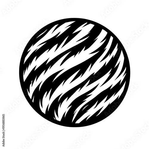 Striking abstract black and white circular pattern showcasing dynamic, jagged, irregular stripes, resembling stylized animal print, fierce flames, or intense energy. A truly versatile modern graphic d