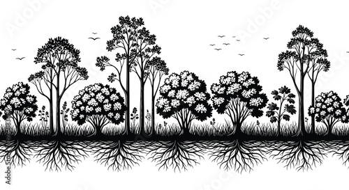 A seamless black and white illustration depicting a dense forest landscape with various trees high quality