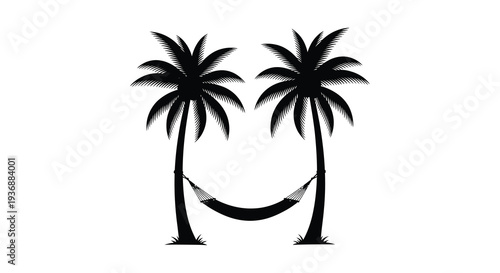 Two palm trees frame a black hammock creating a serene tropical vacation scene high quality professional