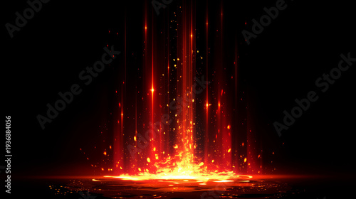 黒背景に舞う火の粉と赤い光の粒子の抽象的なエフェクト素材