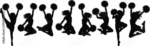Cheerleader silhouette set, pom pom dance jump black vector illustration isolated on white background collection