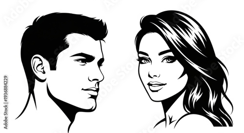 Elegant black and white portrait of a man and woman, side by side, looking forward.