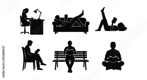 Silhouette illustrations depicting various relaxing and focused activities in modern life high quality professional detailed elegant