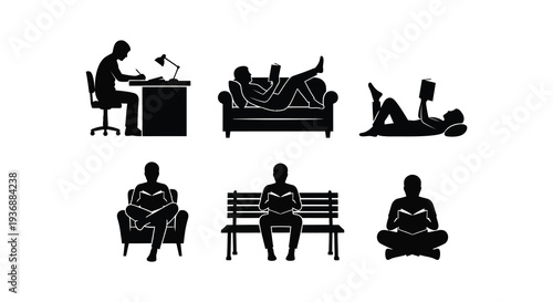 Silhouettes depicting people in various relaxed and focused postures and settings high quality professional detailed modern