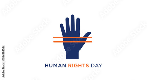 Human Rights Day symbol with raised hand and orange stripes.