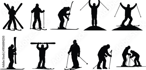 Skiing silhouette set, winter sport activities skiers black vector illustration isolated on background collection