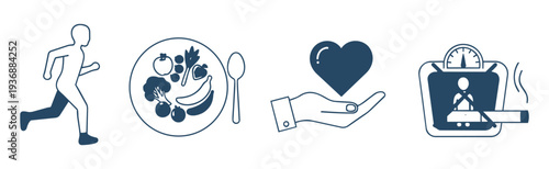Vector illustration of healthy lifestyle icons runner plate of food heart scale