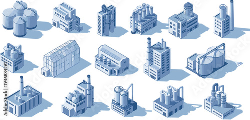 Industrial factory buildings collection vector illustration featuring manufacturing plants, warehouses, refineries and storage tanks in isometric style isolated set