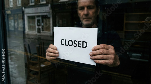 Somber business owner holding closed sign in shop window. sad, bankrupt man showing message about his failed small business, showing disappointment and economic crisis