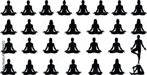 Yoga meditation silhouette set, lotus pose and tree pose black vector illustration collection isolated on background