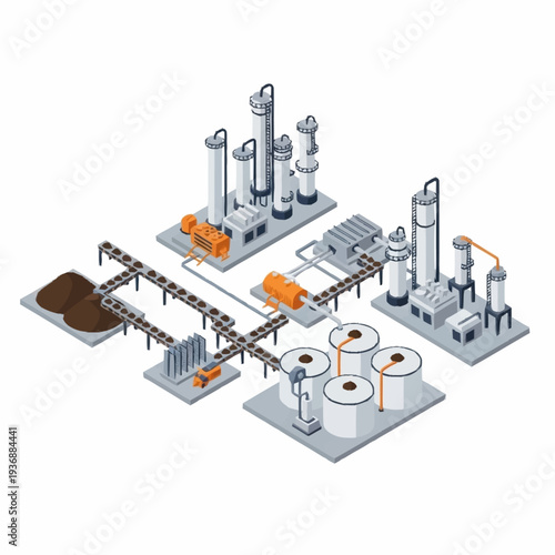 Industrial Chemical Processing Plant with Conveyor Systems and Storage Tanks.