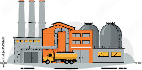 Industrial Factory Plant with Storage Tanks and Fuel Truck Vector Illustration Representing Manufacturing, Energy Production, Oil Processing and Heavy Industry Infrastructure Concept