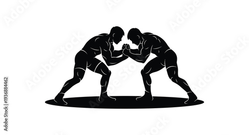 A black silhouette depicts two muscular athletes engaged in an intense arm wrestling competition high quality